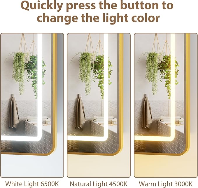 LOVMOR Led Medicine Cabinet with Mirror, Bathroom Vanity Mirror Cabinet with Shelves, 3-Color Lights Dimmer, Gold 30" H x 24" W