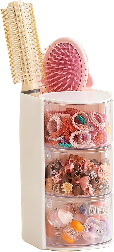 Hair Accessories Organizer with Hair Brush Holder, 3 Drawer Rotatable Hair Tie Organizer for Makeup Brushes, Hair Clips, Earrings, Necklaces, Bracelets and Hair Accessories, White, 3-Layer
