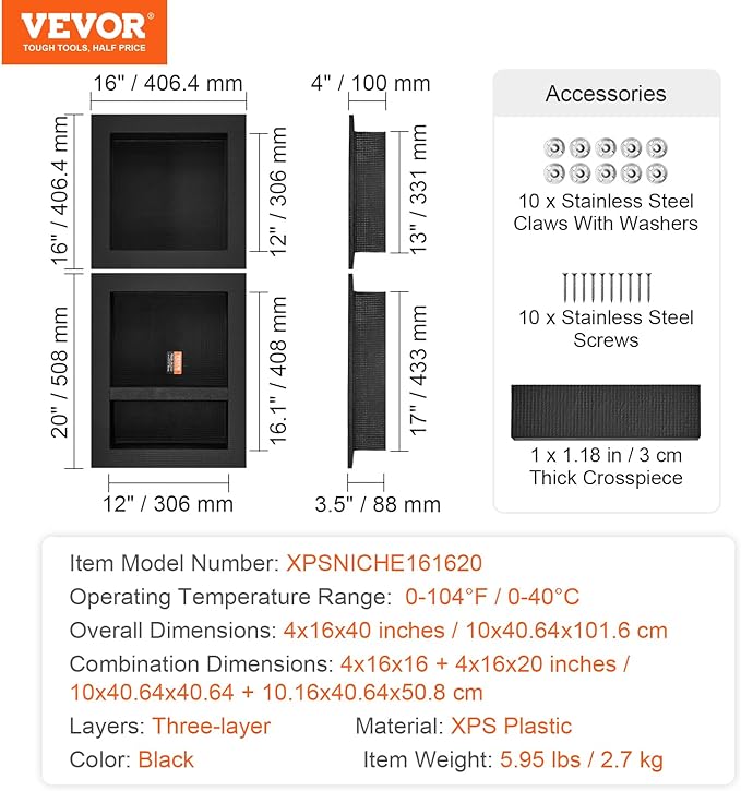 VEVOR Shower Niche Ready for Tile 16" x 16" & 16" x 20", Triple Shelf Organizer, Square Corners Wall-Inserted Niche Recessed, Sealed Protection Modern Soap Storage Niche for Shower Bathroom, Black