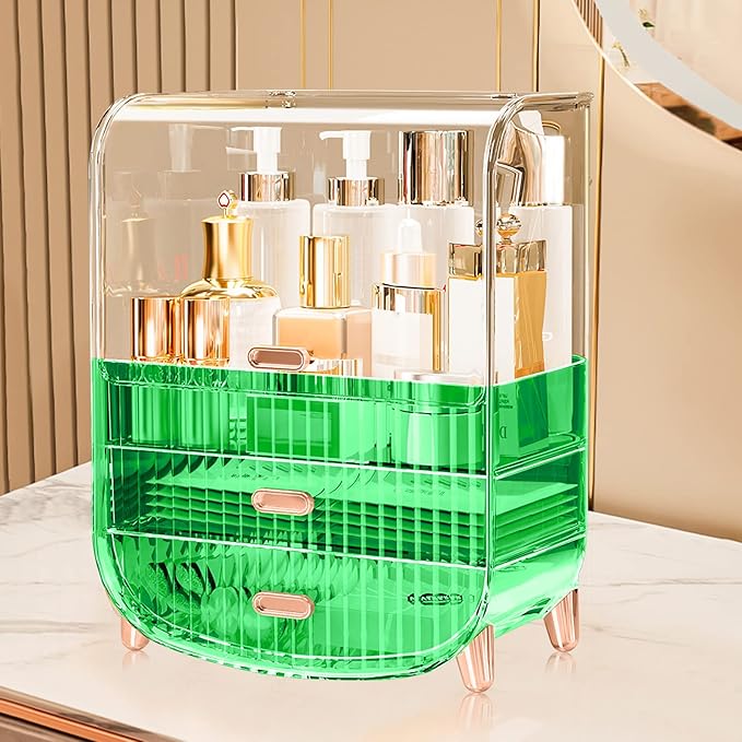 Ergocar Portable Transparent PET Series Multi-Function Make Up Case Dustproof Cosmetic Storage Box, Cosmetics Skin Care Products Jewelry Organizer Case Lipstick Box - Green Three Layers