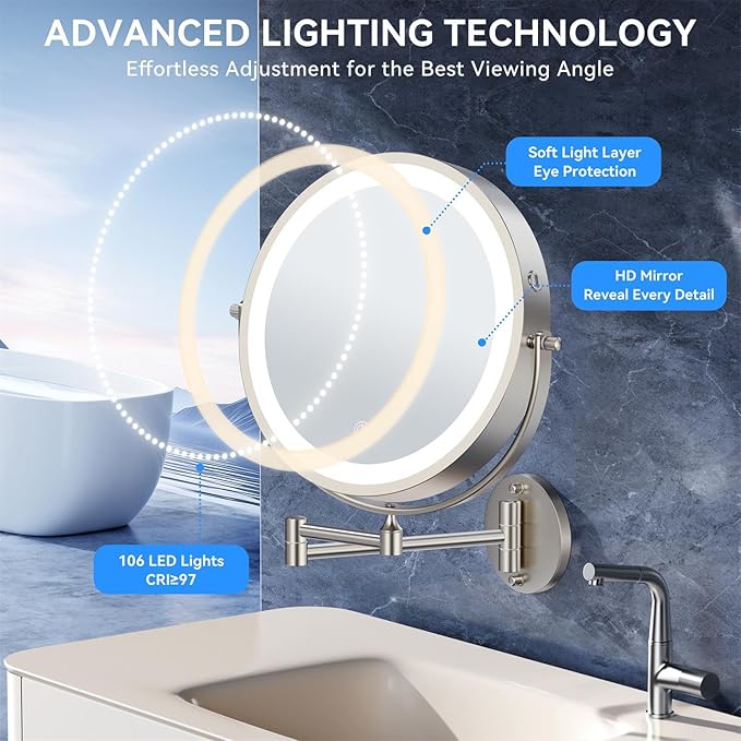 9'' 30X/1X Wall Mounted Lighted Makeup Mirror, 5000mAh Rechargeable Double-Sided Magnifying Mirror with Light, Vanity Bathroom Mirror Touch Dimmable 3 Colors 360° Rotation Extended Arm, Power Adapter