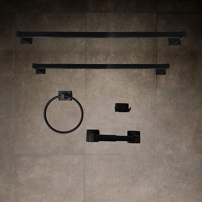 SENTO Cellar Classic Bathroom Accessories Set, Heavy Duty Metal Bath Hardware Set Wall Mounted, Includes Robe Hook, Toilet Paper Holder, Towel Ring, 18” & 24” Towel Bar (5-Piece, Matte Black)