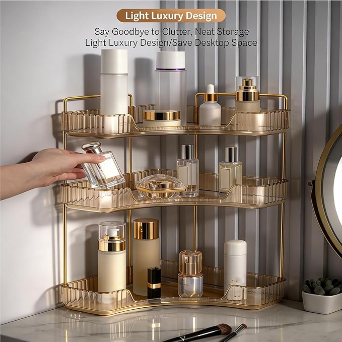 Multi-Tier Corner Countertop Organizer Rack, Makeup Organizers for Vanity, Practical Shelf for Toiletries and Accessories, Corner Counter Storage for Bathroom Dresser (Gold-1Tier)