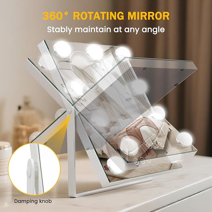 Rechargeable Vanity Mirror with Lights, 16"×10" Hollywood Makeup Mirror with 9 Dimmable Bulbs, 3000mAH Battery, 3-Color Lighting, Dimmable, 10x Magnification, Desk Mirror, Dorm Room Essentials (White)