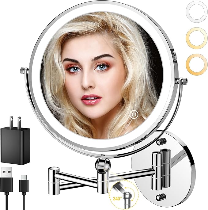ZLOKLA 9" Wall Mounted Lighted Makeup Mirror,4000mAh Rechargeable Double Sided 1X/10X Magnifying Mirror with Light,Touch Dimmable,Extended Arm 360 Rotation Wall Mounted Makeup Mirror 3 Color Lights