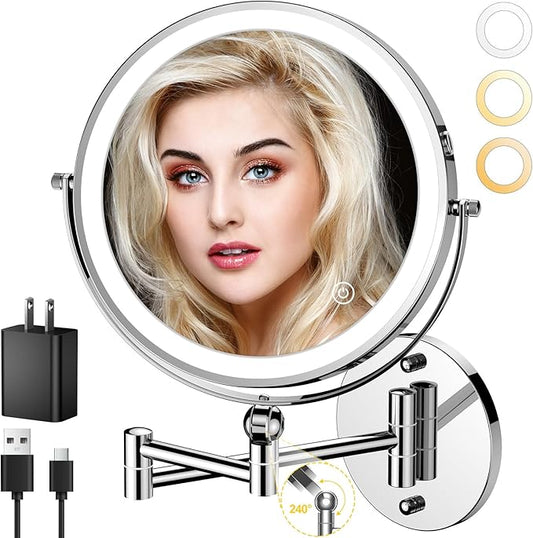 ZLOKLA 9" Wall Mounted Lighted Makeup Mirror,4000mAh Rechargeable Double Sided 1X/10X Magnifying Mirror with Light,Touch Dimmable,Extended Arm 360 Rotation Wall Mounted Makeup Mirror 3 Color Lights