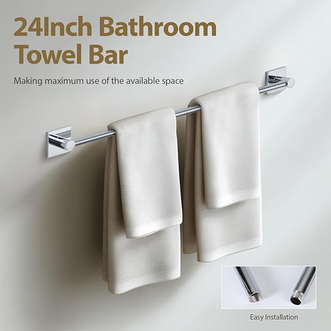 Bathroom Accessories Set Polished Chrome Towel bar Set, 4 piece Towel Rack Set Towel bar for Bathroom wall Mounted Durable 24 inch Towel bar Robe Hook Towel Ring Toilet Paper Holder