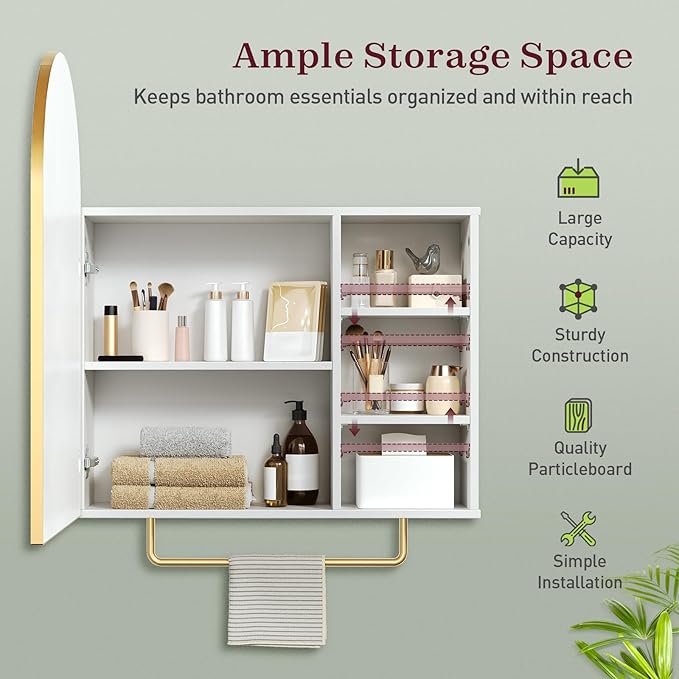 RALGEND Bathroom Arched Medicine Cabinet with Mirror, Modern Bathroom Wall Mounted Mirrored Cabinet with Adjustable Shelves and Storage, White and Gold