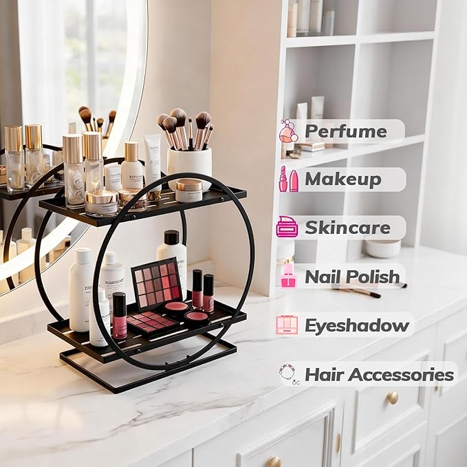 BO2705 2 Tier Bathroom Organizer, Perfume Organizer for Dresser, Black