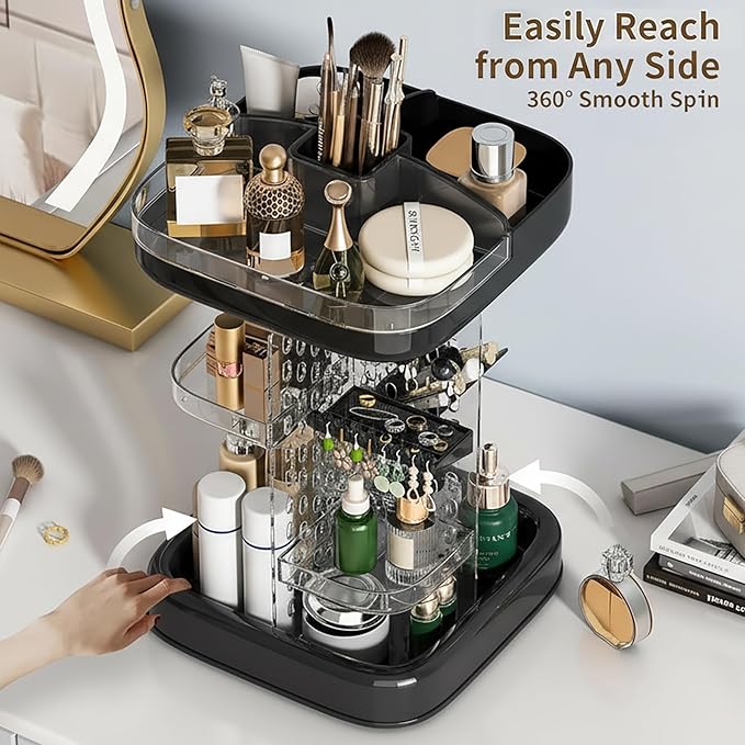 360 Rotating Makeup Organizer for Vanity & Countertop, Clear Adjustable Height Tiered Cosmetic and Skincare Storage, Spinning Perfume and Brush Holder, Jewelry Accessories Desktop Organizer, Black