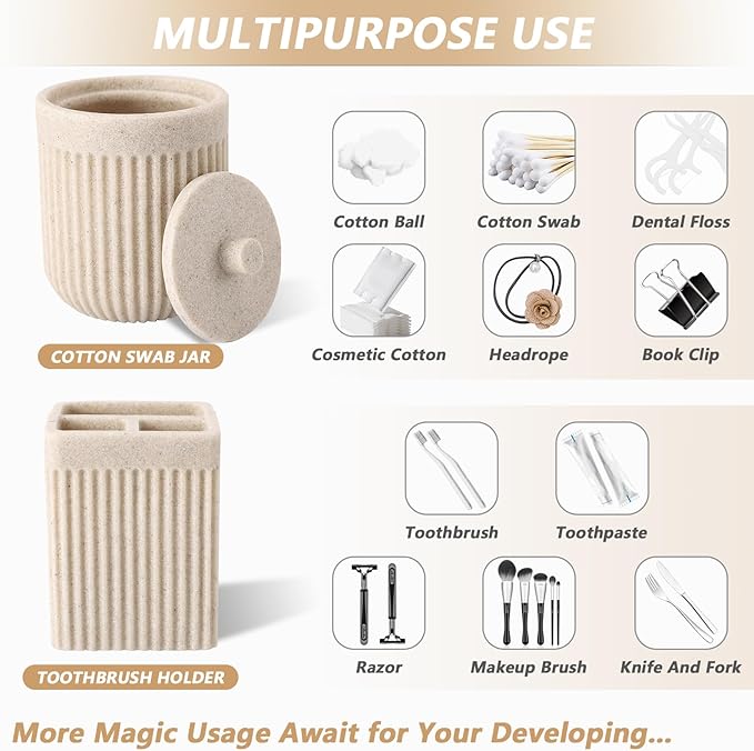 XLHOMO Resin Beige Bathroom Accessories Set 5 Pcs, Lotion Soap Dispenser, Toothbrush Holder, Bathroom Tumbler, Qtip Holder and Vanity Tray, Bathroom Countertop Organizer Set for Modern Home Apartment