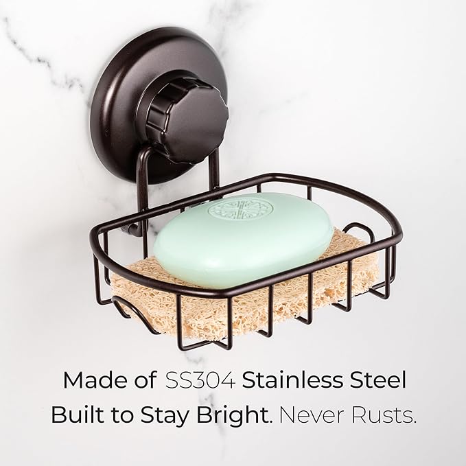 HASKO Suction Cup Soap Dish for Shower Wall, Rustproof Stainless Steel, Shower Soap Holder with Hooks, Includes Optional No Drill Adhesive Mount for Bathroom and Soap Saver, Bronze