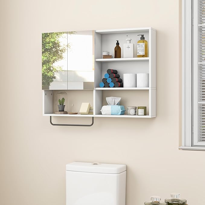 Medicine Cabinet, Wooden Bathroom Wall Cabinet with 2 Doors, Adjustable Shelves & Towel Bar, Over Toilet Storage Cabinet Wall Mounted for Laundry with Mirror, White