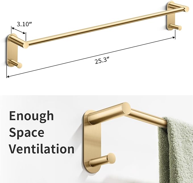 24 Inch Adhesive Towel Bar - Stainless Steel Stick on Towel Rack for Bathroom, No Drilling Towel Holder with 2 Hooks, Brushed Gold