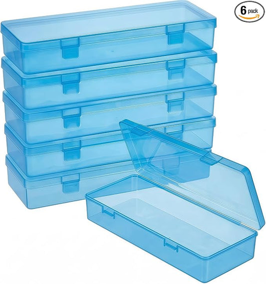 Blue Organizer Box, 6-Pack Small Plastic Storage Containers with Hinged Lid for Makeup Tools, Jewelry, Crafts, Nail Art Supplies (6x2.6x1.2 Inch) - Transparent & Portable