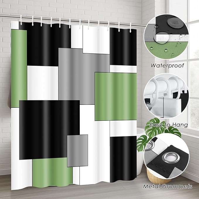 Sage Green Geometric Shower Curtain Set with Toilet Lid Cover and Non-Slip Rugs for Bathroom, Black Grey White Checkered 4 Pcs Shower Curtain, Modern Abstract Bathroom Set with 12 Hooks
