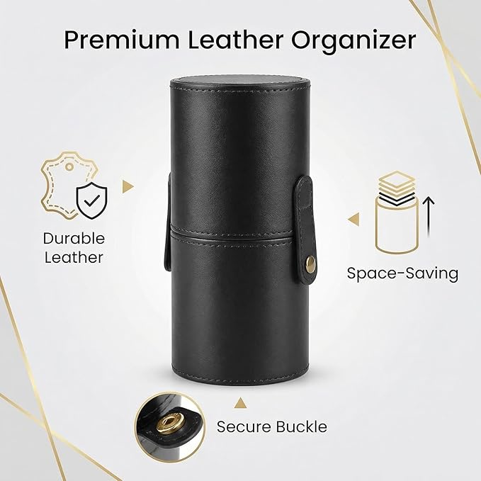 PU Leather Makeup Brush Holder Travel Makeup Brushes Case Makeup Brush Case Organizer Cosmetic Cup Cylinder Makeup Brush Storage Box with Button for Women (Black)