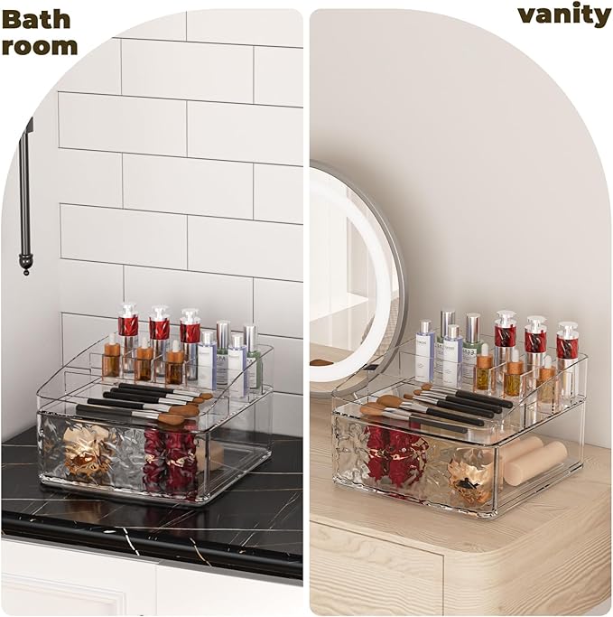 Clear Plastic Countertop Makeup Organizer Compact Rectangular 9-Section Grid with Pull-Out Drawer Dedicated for Brushes, Eyeshadow Palettes & Beauty Supplies