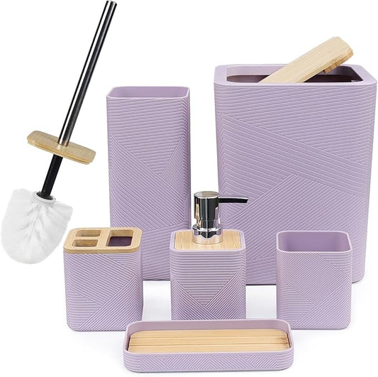 CERBIOR Bathroom Accessories Set 6 Piece Bamboo Bath Ensemble Includes Soap Dispenser, Toothbrush Holder, Toothbrush Cup, Soap Dish for Decorative Countertop and Housewarming Gift (Purple)