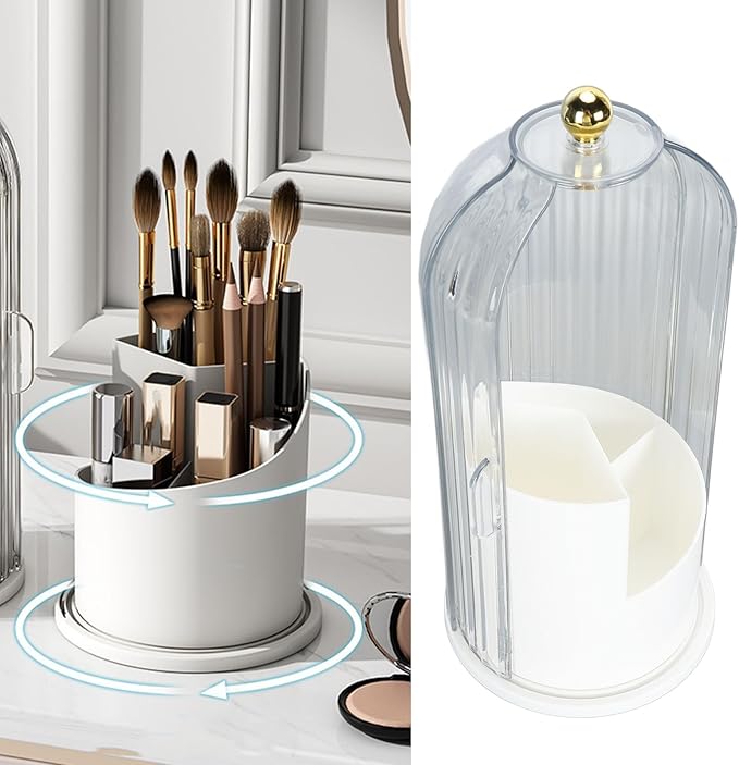 PerGar Makeup Brush Holder, Makeup Brush Holder Organizer, 360 Rotating Clear Dustproof Makeup Brushes Organizer, Makeup Brush Holder Organizer with Lid for Vanity Desktop (White Base