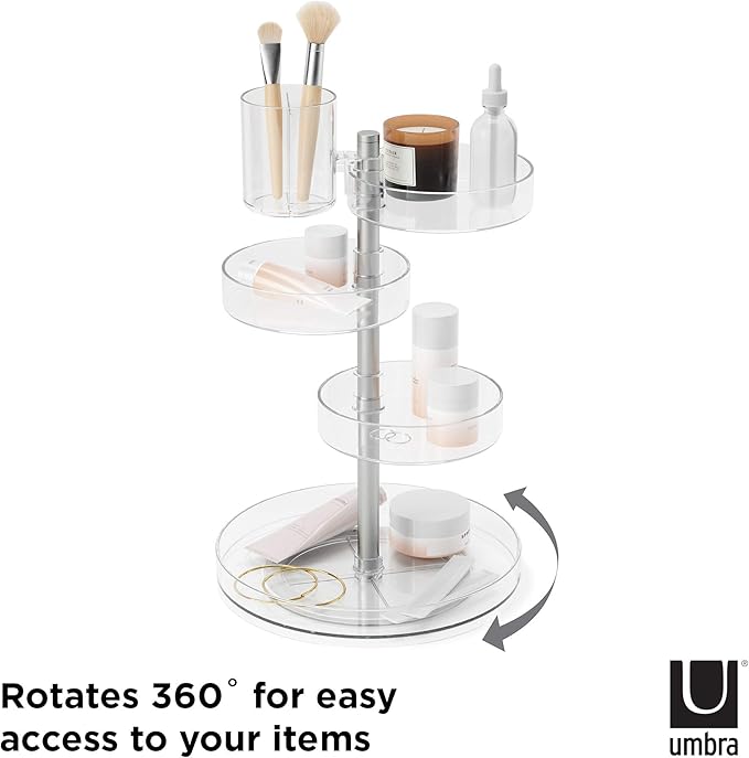 Umbra Pirouette Cosmetic Organizer, Large Capacity Makeup Storage with Adjustable Compartments, Clear/Nickel