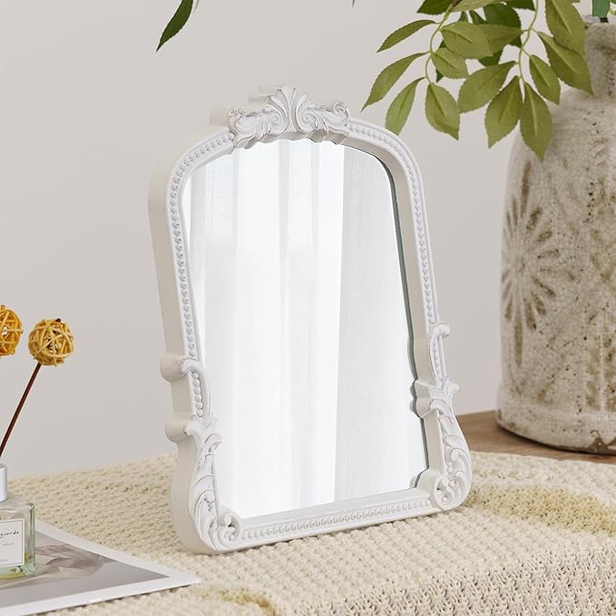 Small White Vanity Desk Mirror Vintage Mirror Arched Farmhouse Chic Table Baroque Wall Mirror for Living Room Tabletop Bedroom Dresser Countertop 9.6x12.3