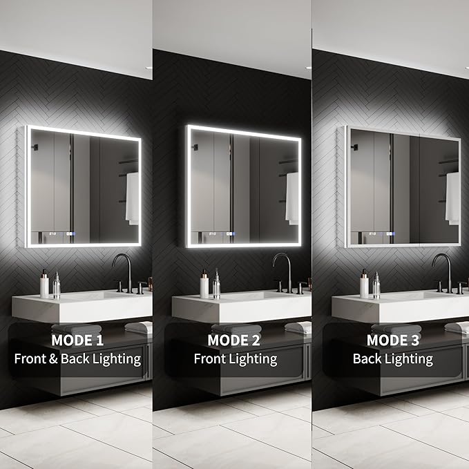 ExBrite 40 x 32 Lighted Medicine Cabinet with Mirror, Front&Backlit led Medicine Cabinet,Clock Temp Display,Defog,5X Magnifier,3 Colors Temper Dimmable,Surface or Recessed Mount,Door Wide Open