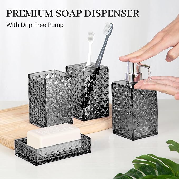 Bathroom Accessory Set, Grid Pattern 4 Pcs Plastic Bathroom Set Include Soap Dispenser, Soap Dish, Toothbrush Holder, Mousewash Cup, Modern Bahtroom D??cor Set, Space Save for Bathroom((Grey)