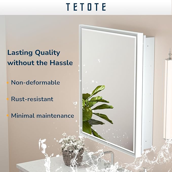 TETOTE White Medicine Cabinet Mirror 21" x 27" Aluminum Framed Surface or Recessed Wall-Mounted Bathroom Medicine Cabinets Beveled Mirror with Storage for Modern Farmhouse Bathroom