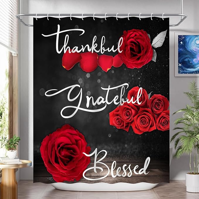 Onalasyc 4Pcs Red Rose Shower Curtain with Rugs Set Waterproof Bathroom Sets with Shower Curtain and Rugs Romantic Showy Red Rose Floral Inspirational Bathroom Curtains Shower Set with 12 pcs Hooks