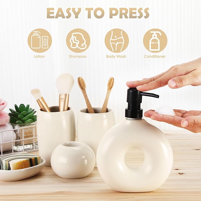 FoldTier 5 Pcs Ceramic Bathroom Accessories Set Includes Soap Dispenser Toothbrush Cup Holder Soapbox Holder Stylish Modern Bathroom Matte Glaze Decor(White)
