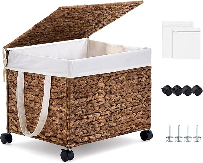 Rolling Hand-woven Laundry Hamper with Lid, Laundry Basket with Wheels for Laundry Room (Espresso, 60L)