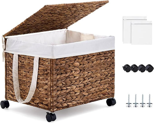 Rolling Hand-woven Laundry Hamper with Lid, Laundry Basket with Wheels for Laundry Room (Espresso, 60L)