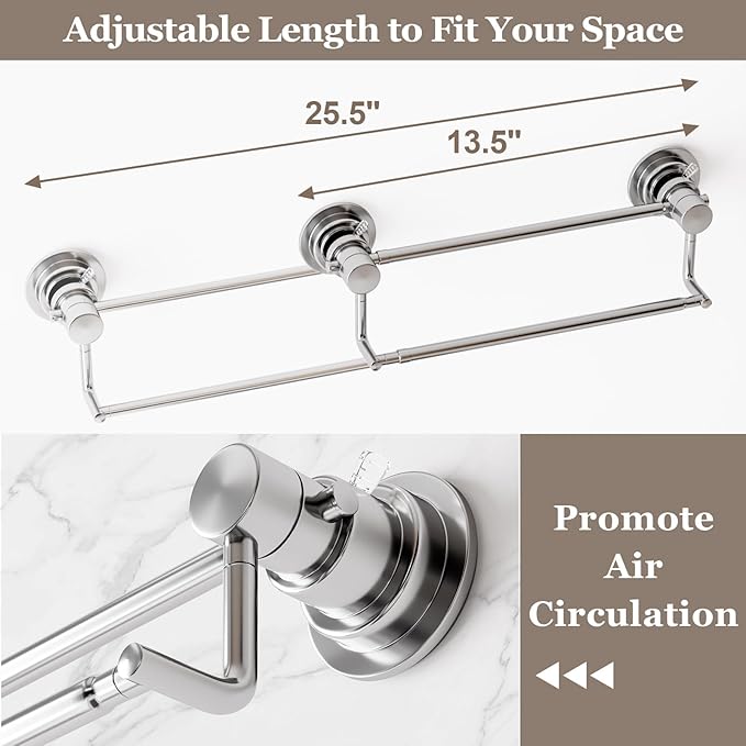 Suction Cup Double Towel Bar Adjustable 13"-25", Bath Sheet Rack Stainless Steel for Glass Shower, Powerful Vacuum Towel Holder for Bathroom, Kitchen, RV, and Renters