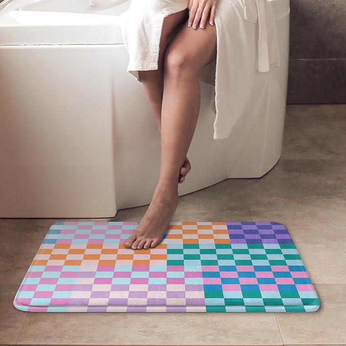 ArtSocket Retro Checkered Bathroom Set with Shower Curtain and Bath Rugs and Accessories,Colorful Funky Checkerboard Non-Slip Shower Curtain Set,Bathroom Decor 3 Pcs