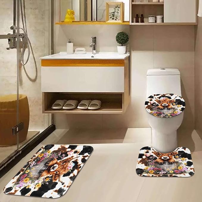 Highland Bull Flowers Shower Curtain Set with Toilet Lid Cover and Non-Slip Rugs, Cow Print 4 Pcs Shower Curtain with 12 Hooks, Farmhouse Vintage Bathroom Set with Rugs and Accessories