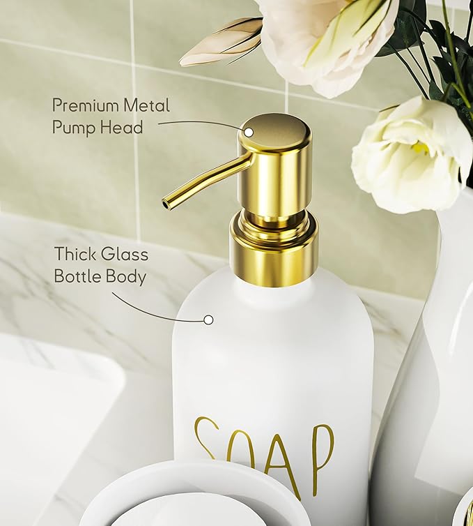 White Bathroom Accessories Set with Tray, 6pcs White and Gold Bathroom Accessory Sets, Glass Soap Dispenser and Toothbrush Holder Set, Qtip Holder, Ceramic Flower Vase, Bathroom Set Decor