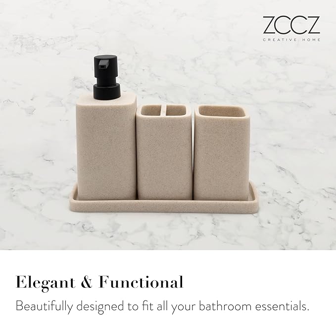 ZCCZ Bathroom Accessory Sets, 4 Pieces Bathroom Accessories Complete Set Vanity Countertop Accessory Set Marble Look, Includes Lotion Dispenser Soap Pump, Tumbler, Toothbrush Holder and Tray (Beige)