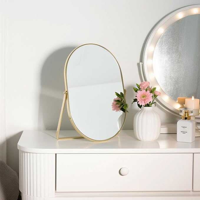 Feyarl Oval Vanity Makeup Mirror 12x8 Inch Vertical Tabletop Mirror Decorative Standing Cosmetic Mirror for Bedroom Bathroom Desk Dresser Table Desktop (Gold)