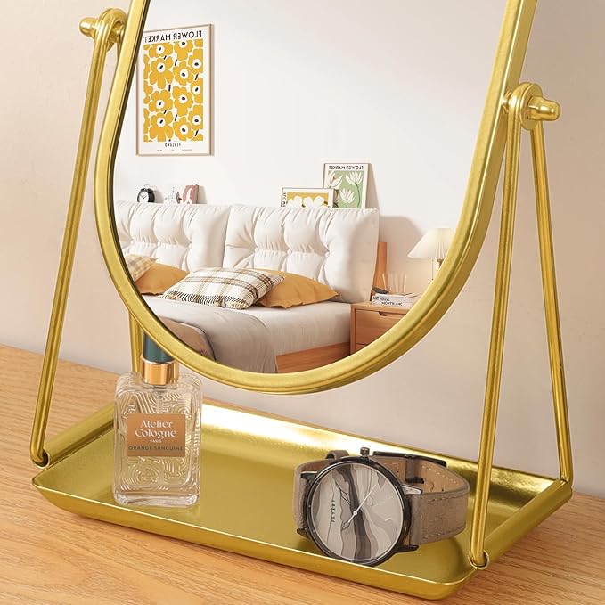 Table Mirror Gold Oval Desk Makeup Mirror with Storage 360°Adjustable Rotation Metal Framed Standing Mirrors Room Decor for Living Room, Bedroom, Office, Bathroom
