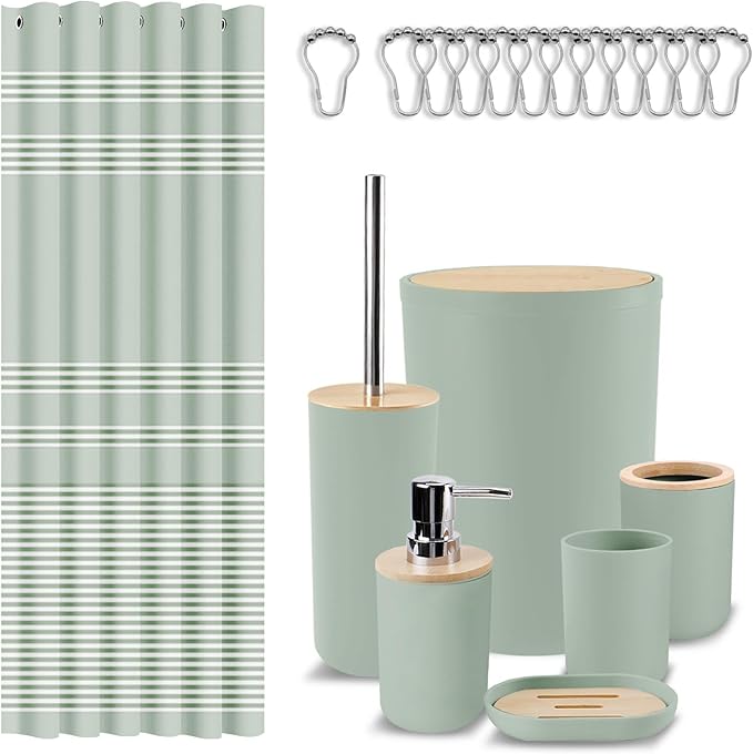 Britimes Bathroom Accessories Sets, Sage Green Shower Curtain Set with Trash Can, Soap Dispenser, Toilet Brush Holder, Toothbrush Holder and Toothbrush Cup for Bathroom Decor (Green)