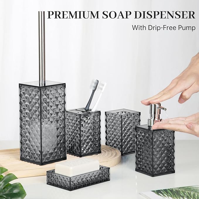 Bathroom Accessory Set, Grid Pattern 5 Pcs Plastic Bathroom Set Include Toilet Bursh, Soap Dispenser, Soap Dish, Toothbrush Holder, Mousewash Cup, Modern Bahtroom Décor Set(Dark Grey)