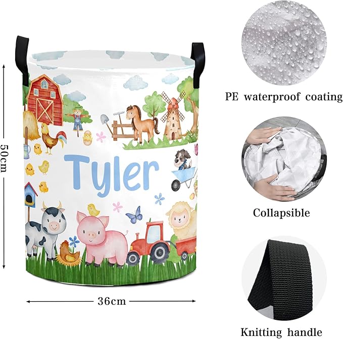 Large Custom Name Laundry Hamper, Farm Personalized Dirty Clothes Hamper Storage Basket with Name for Bathroom Bedrooms, Customized Name Circular Hamper with Handles for Baby Boys Girls Men Women