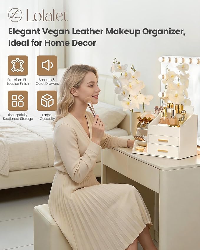 Lolalet Makeup Organizer with Drawers, PU Leather Spacious Skincare Holder Lipsticks Perfume Brushes Beauty Essentials Display Case for Vanity Dresser Countertop Bathroom Easy to Clean -Cream