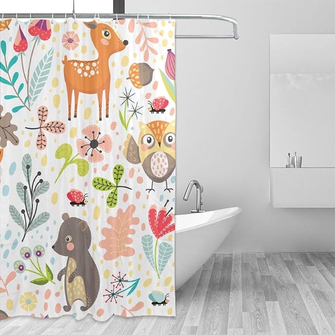 Kids Baby Woodland Shower Curtain Animals Cartoon Girls Children's Cute Cartoon Funny Colorful Weeds Plants Fox Waterproof Fabric Bathroom Decor 72x84 Inches(183x214cm), Style-13
