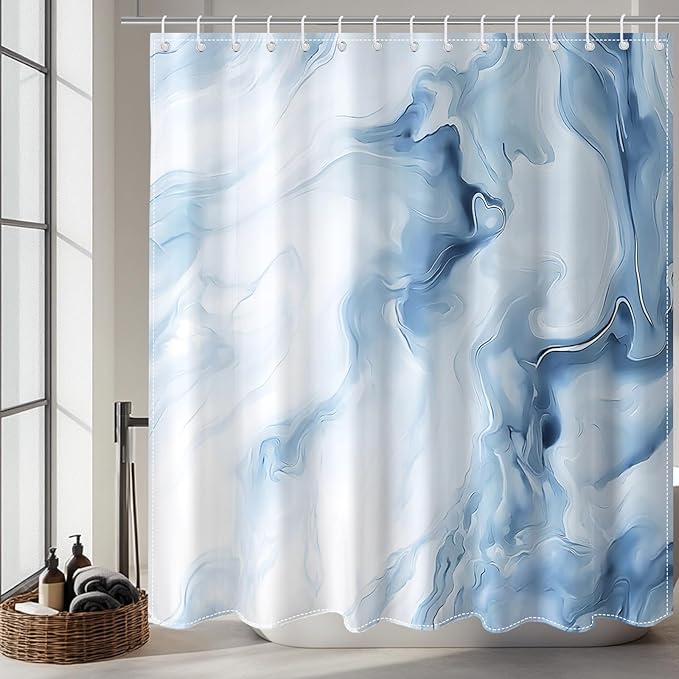 Mocsicka Blue Marble Shower Curtain for Bathroom, Abstract Blue and White Shower Curtain with 12 Hooks Modern Art Decor Waterproof Fabric Bath Curtain for Modern Bath Decor, 72 X 72 Inch