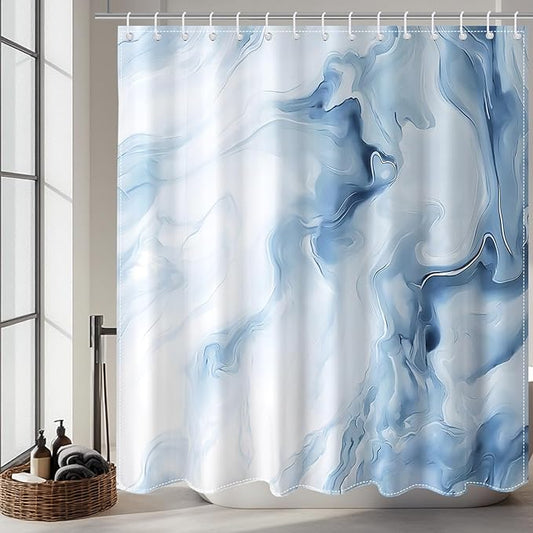 Mocsicka Blue Marble Shower Curtain for Bathroom, Abstract Blue and White Shower Curtain with 12 Hooks Modern Art Decor Waterproof Fabric Bath Curtain for Modern Bath Decor, 72 X 72 Inch