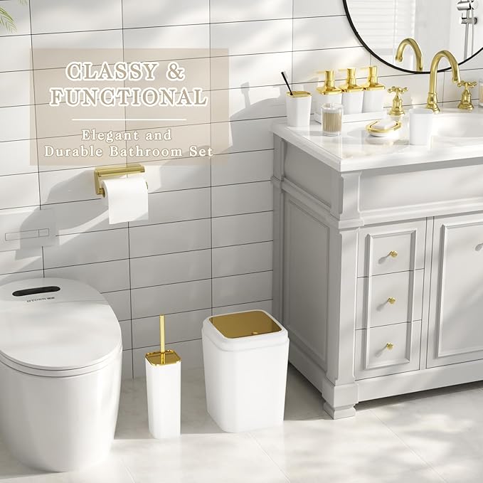 Bathroom Set - 27PC Bathroom Sets with Shower Curtain and Rugs, White Bathroom Set, White Bathroom Accessories Set with Push-lid Trash Can, Toilet Brush & Soap Dispensers