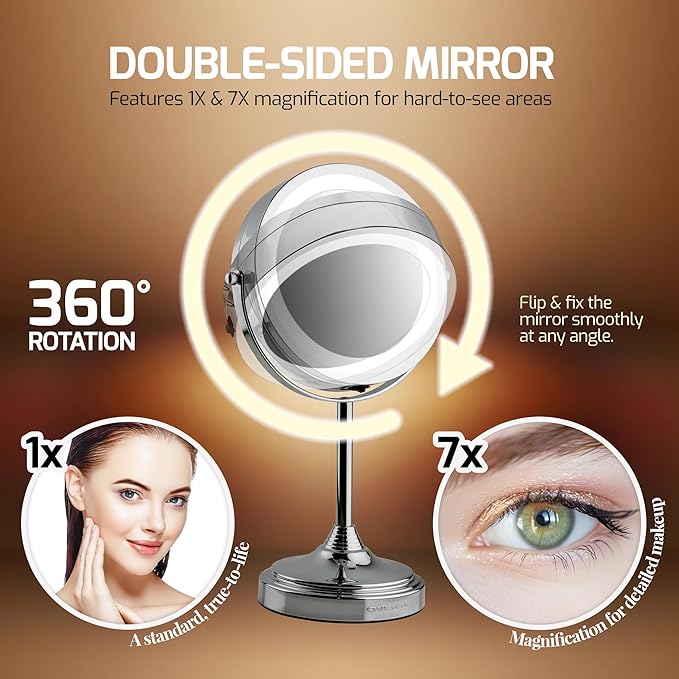 OVENTE 7'' Lighted Makeup Mirror with 1X/7X Magnification, Cordless Tabletop Mount Vanity Mirror with 360° Swivel Design & Double Sided Glow Cosmetic White LED Ring Light, Polished Chrome MCT70CH1X7X
