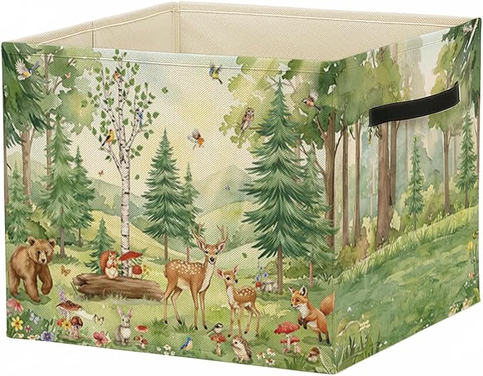 Forest Animal Nursery Storage Bin Box with Handles, Rustic Botanical Wild Animal Foldable Baskets Organizer for Kids Room Nursery Bathroom Clothes Toys Books, Toybox for Boys Girls